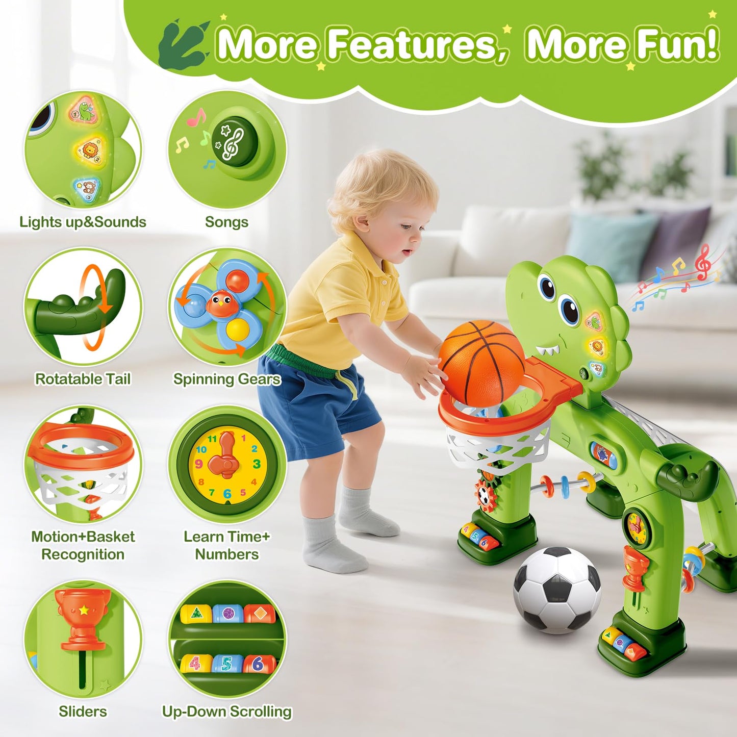 AuroTops Toddler Basketball Hoop & Soccer Goal Toy with Dinosaur Lights & Music (Ages 1-3)