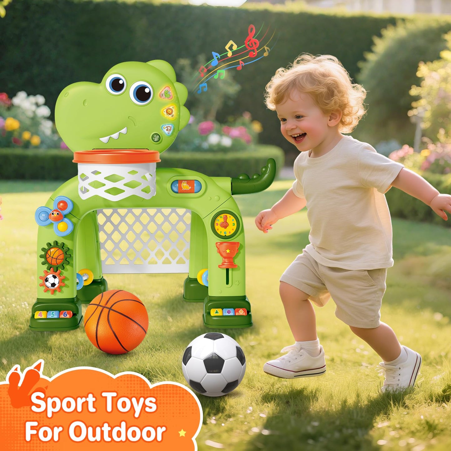 AuroTops Toddler Basketball Hoop & Soccer Goal Toy with Dinosaur Lights & Music (Ages 1-3)