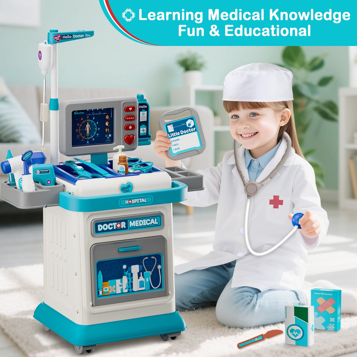 AuroTops Doctor Kit for Toddlers 3-5 — 26-Pcs Doctor Play Set with Mobile Cart