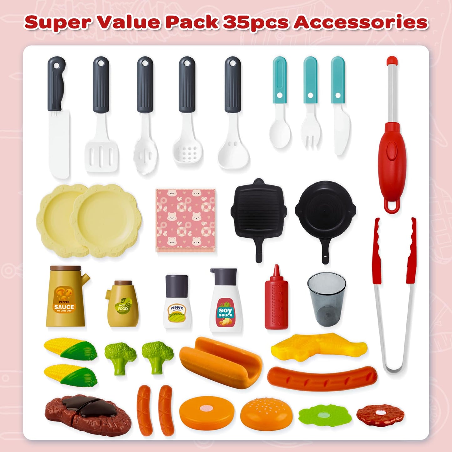 AuroTops 35-Piece Kitchen & BBQ Toy Set | Little Chef Playset for Kids