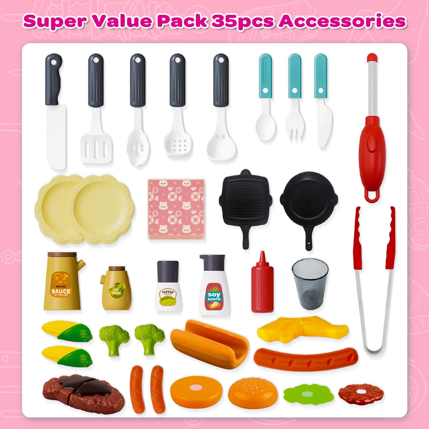 AuroTops Pink Kitchen Toy Set – Kids Grill Playset with Smoke, Sound & Light