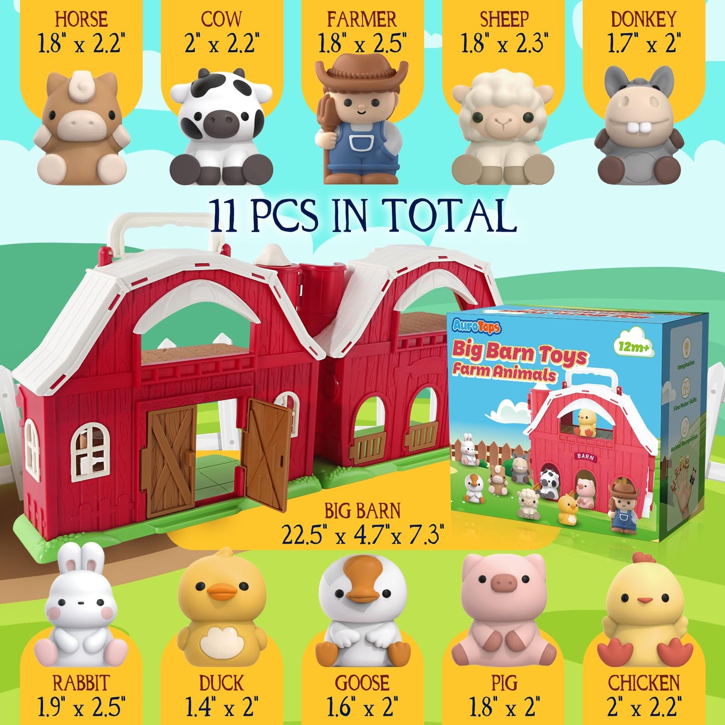 AuroTops Farm Barn Playset – 11-Piece Farm Toy for Toddlers (1-3 yrs)