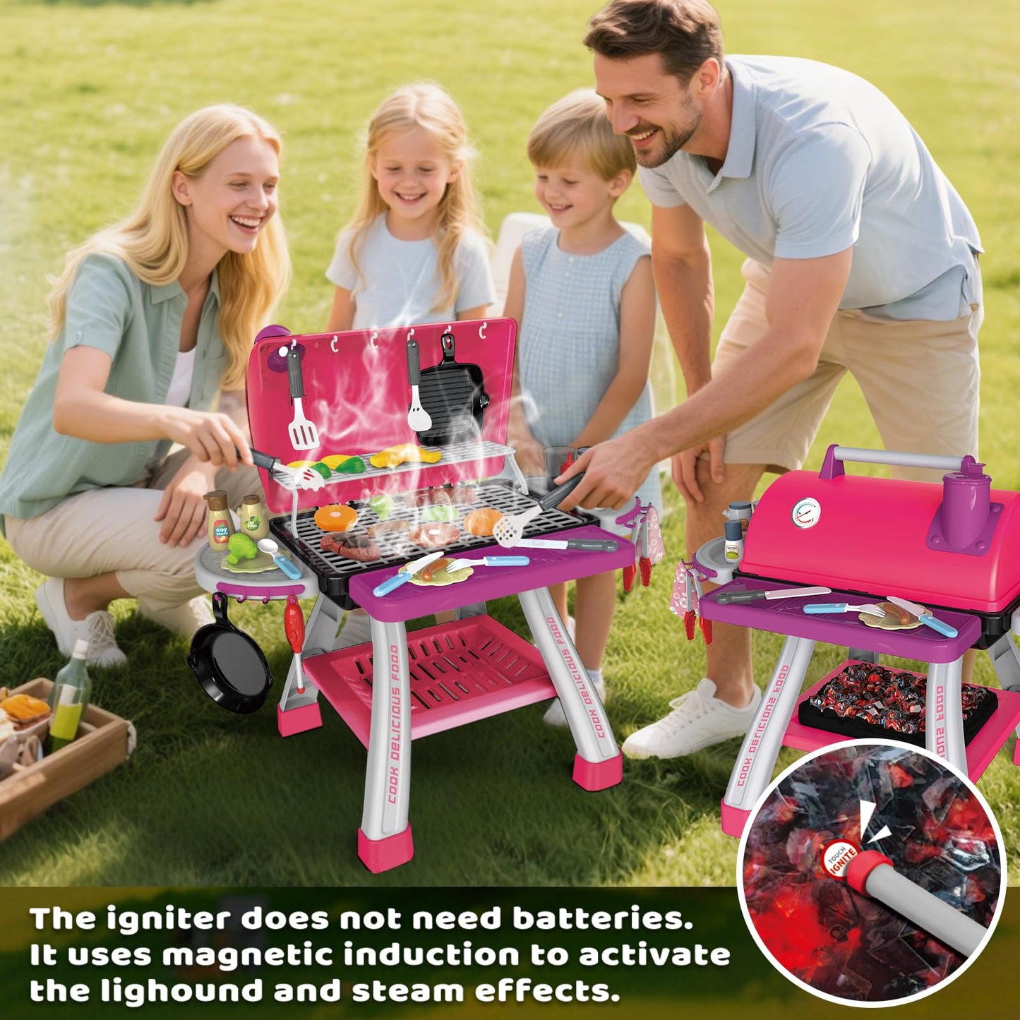 AuroTops Pink Kitchen Toy Set – Kids Grill Playset with Smoke, Sound & Light