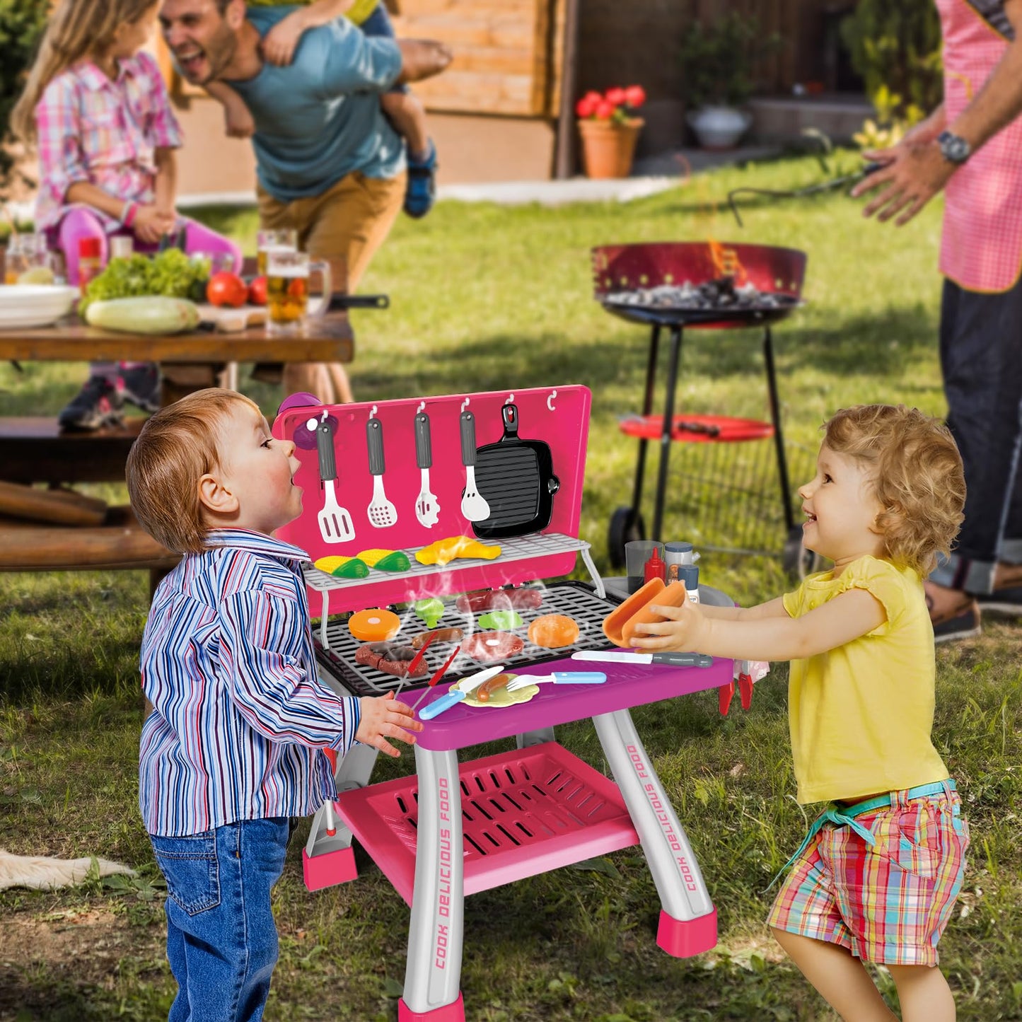 AuroTops Pink Kitchen Toy Set – Kids Grill Playset with Smoke, Sound & Light