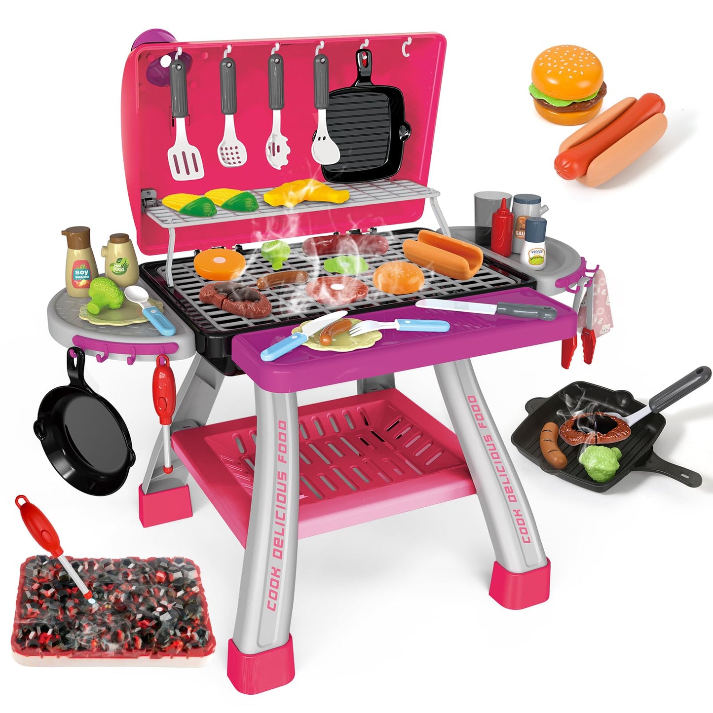 AuroTops Pink Kitchen Toy Set – Kids Grill Playset with Smoke, Sound & Light