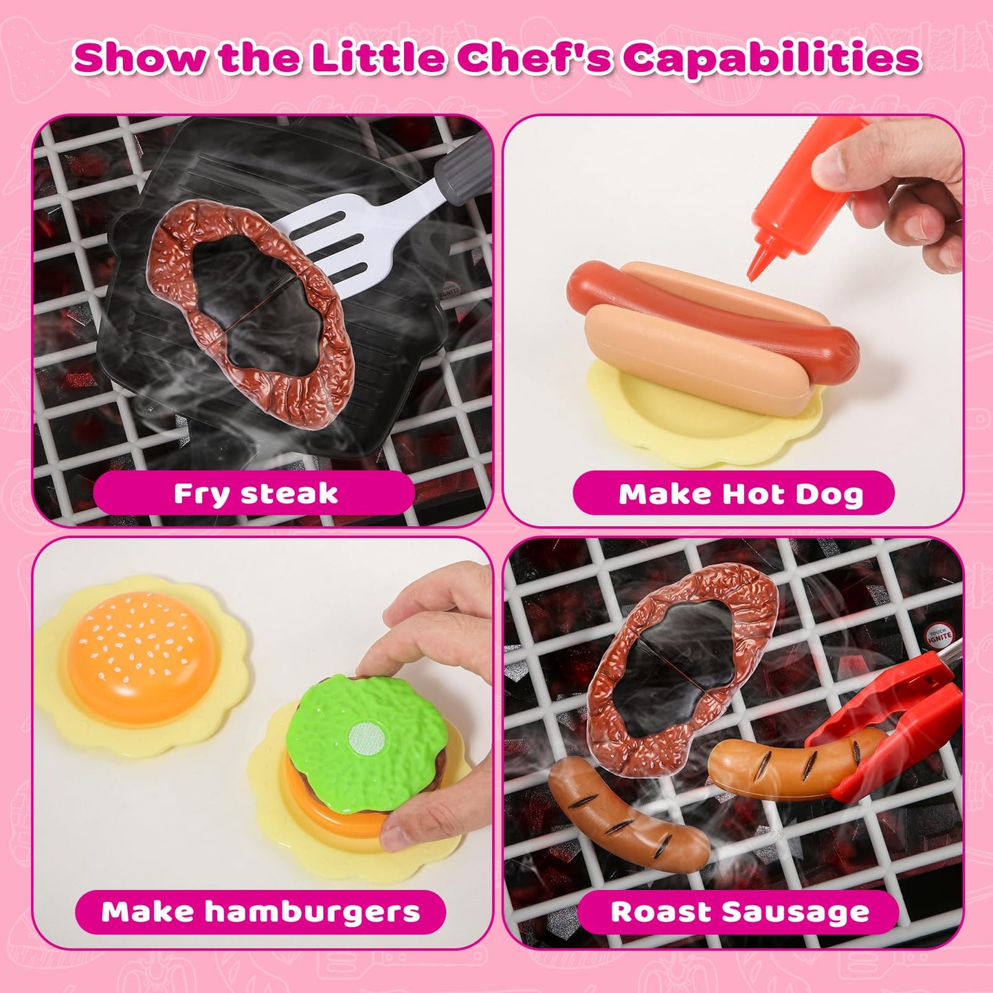 AuroTops Pink Kitchen Toy Set – Kids Grill Playset with Smoke, Sound & Light