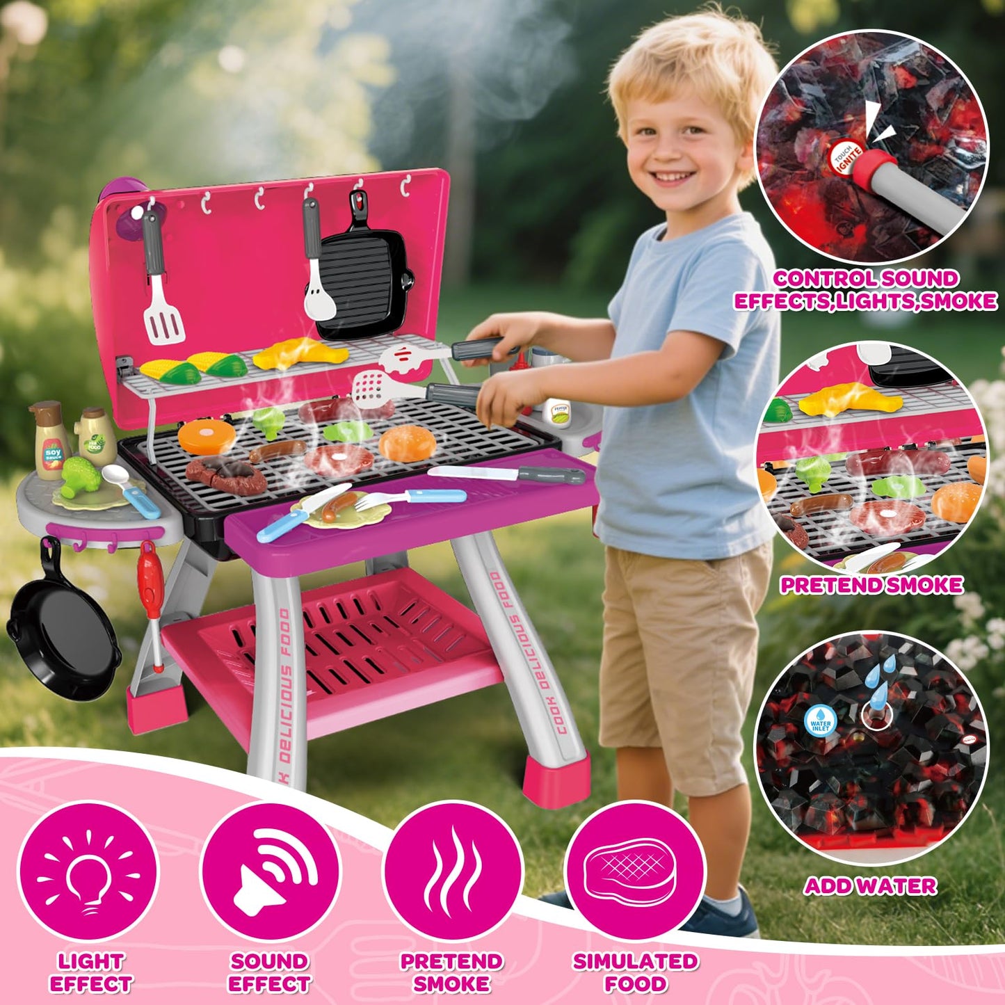 AuroTops Pink Kitchen Toy Set – Kids Grill Playset with Smoke, Sound & Light