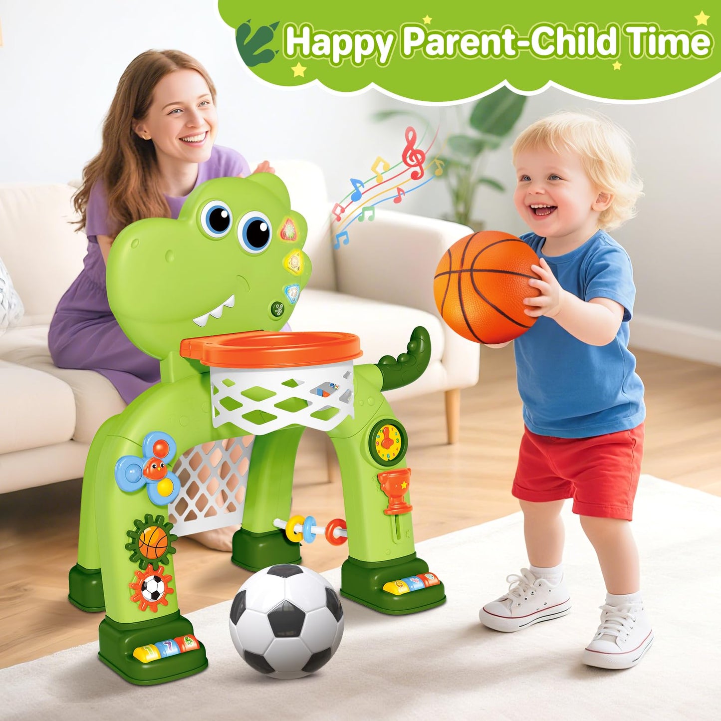 AuroTops Toddler Basketball Hoop & Soccer Goal Toy with Dinosaur Lights & Music (Ages 1-3)