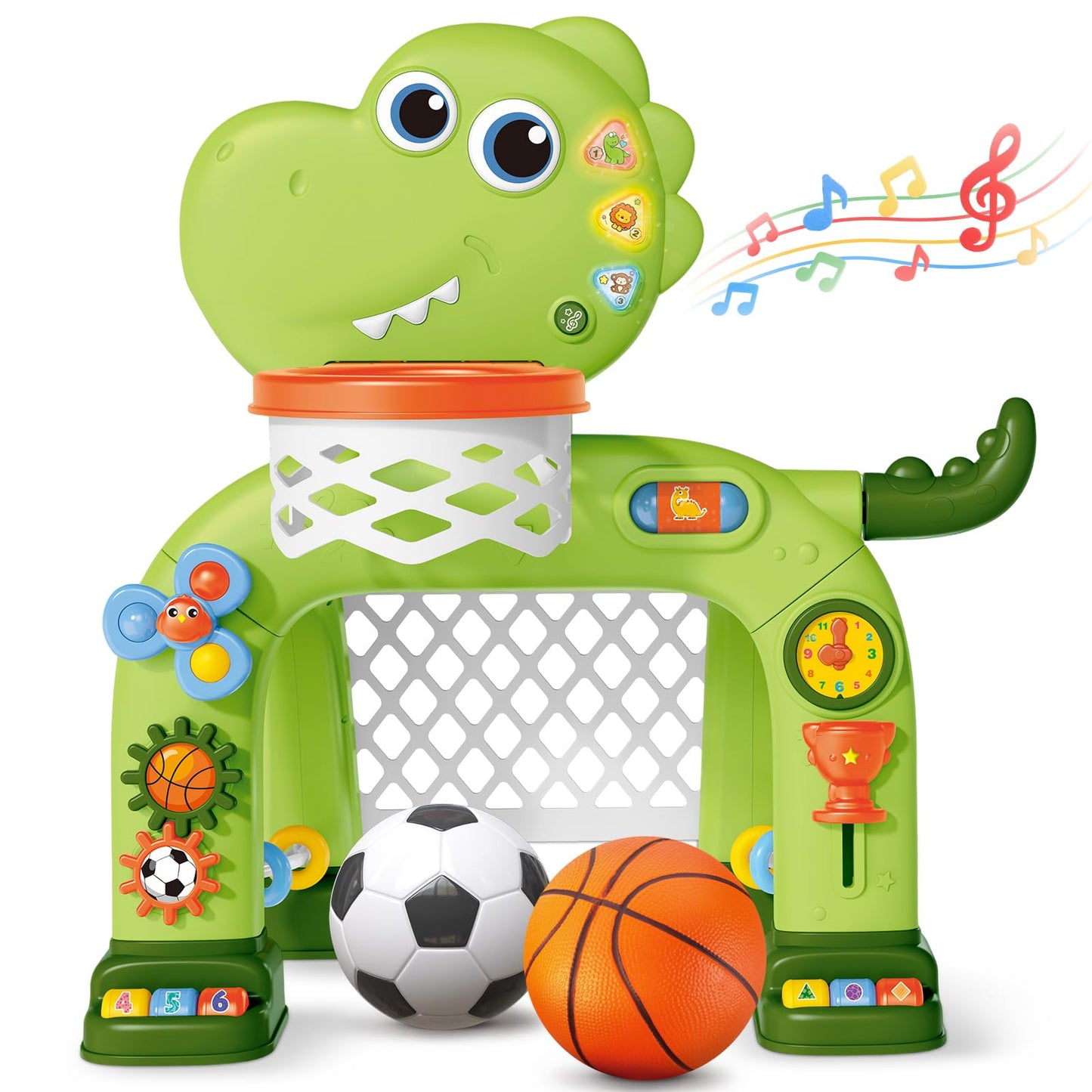 AuroTops Toddler Basketball Hoop & Soccer Goal Toy with Dinosaur Lights & Music (Ages 1-3)