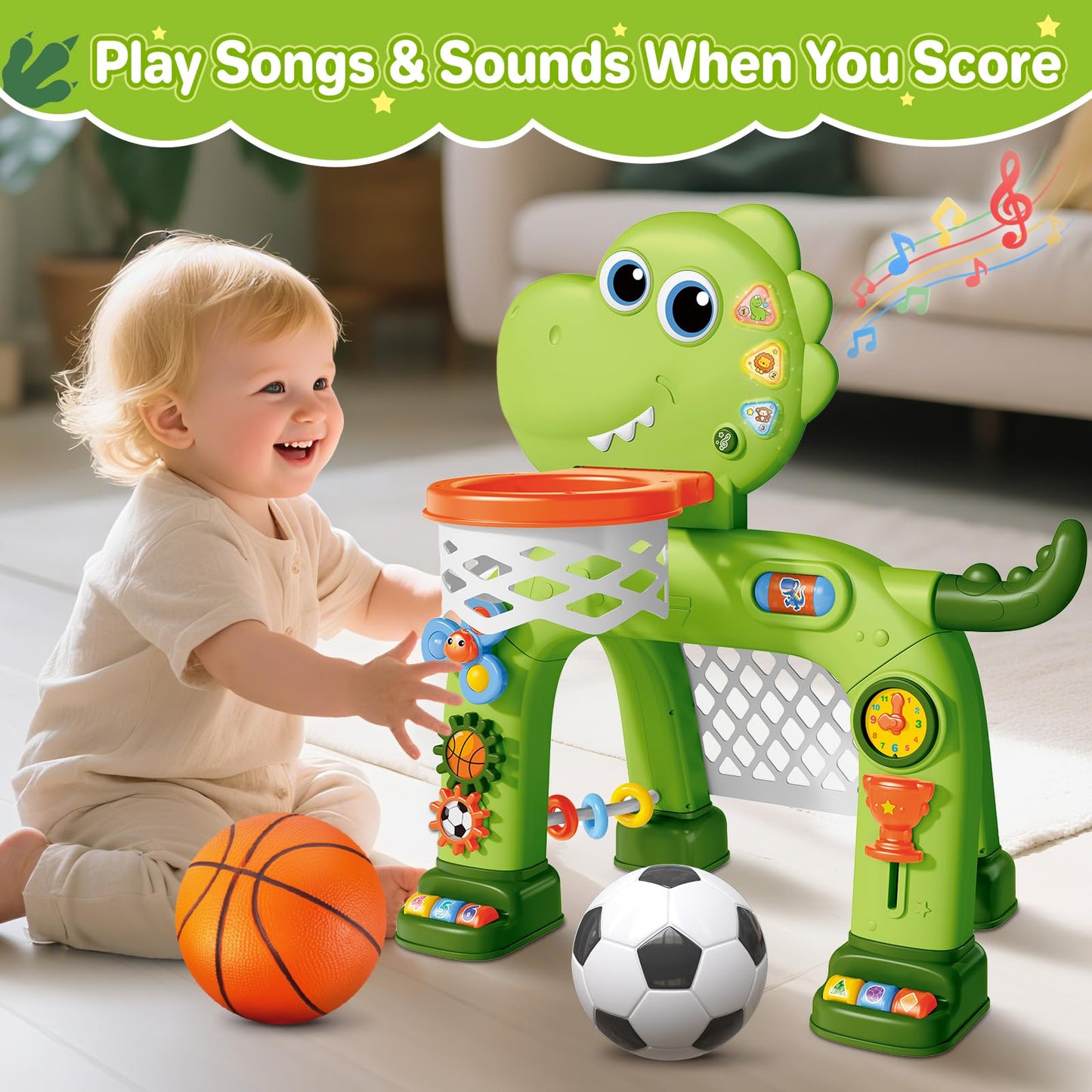 AuroTops Toddler Basketball Hoop & Soccer Goal Toy with Dinosaur Lights & Music (Ages 1-3)