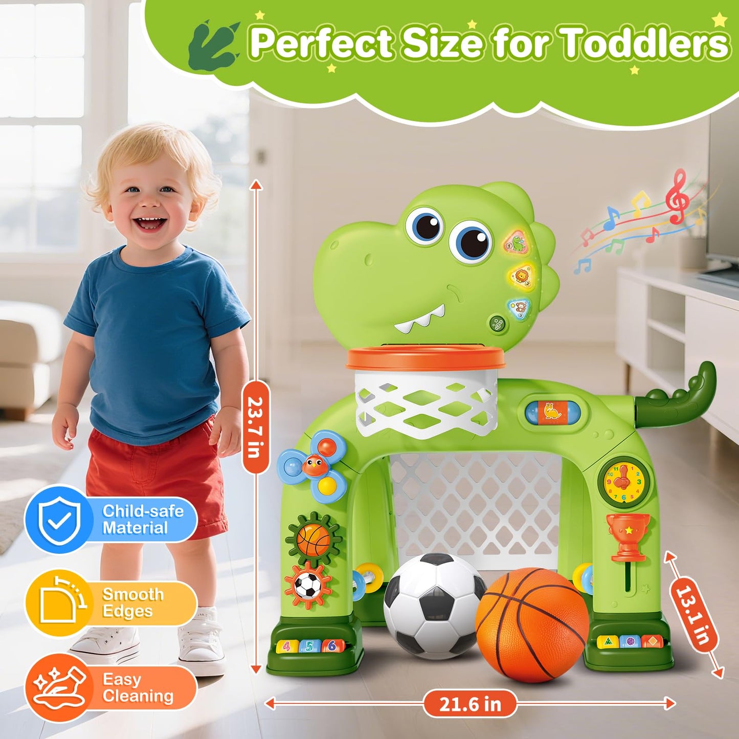 AuroTops Toddler Basketball Hoop & Soccer Goal Toy with Dinosaur Lights & Music (Ages 1-3)