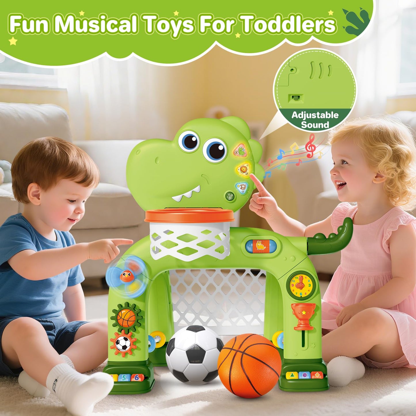 AuroTops Toddler Basketball Hoop & Soccer Goal Toy with Dinosaur Lights & Music (Ages 1-3)