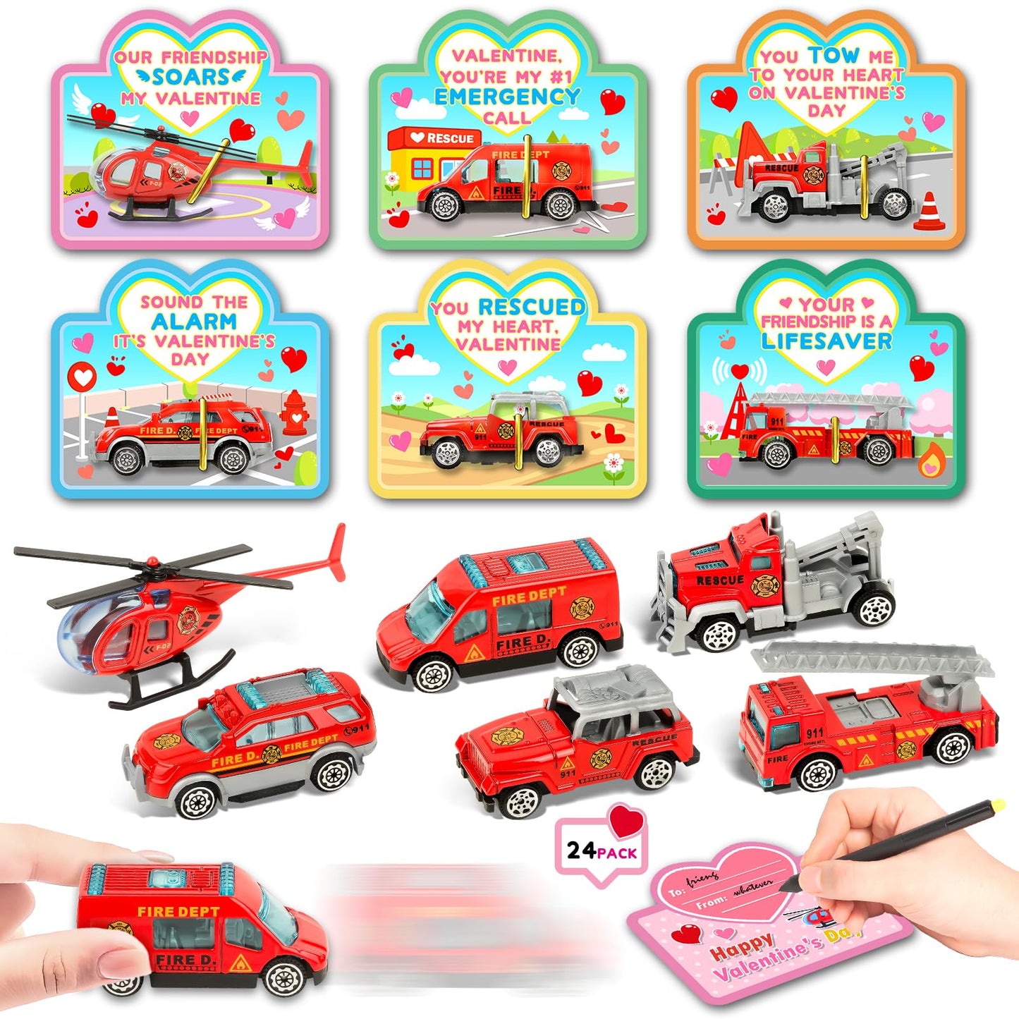 AuroTops Valentines Day Cards for Kids – 24 Die-Cast Fire Rescue Vehicles for Classroom Exchange & Party Favors