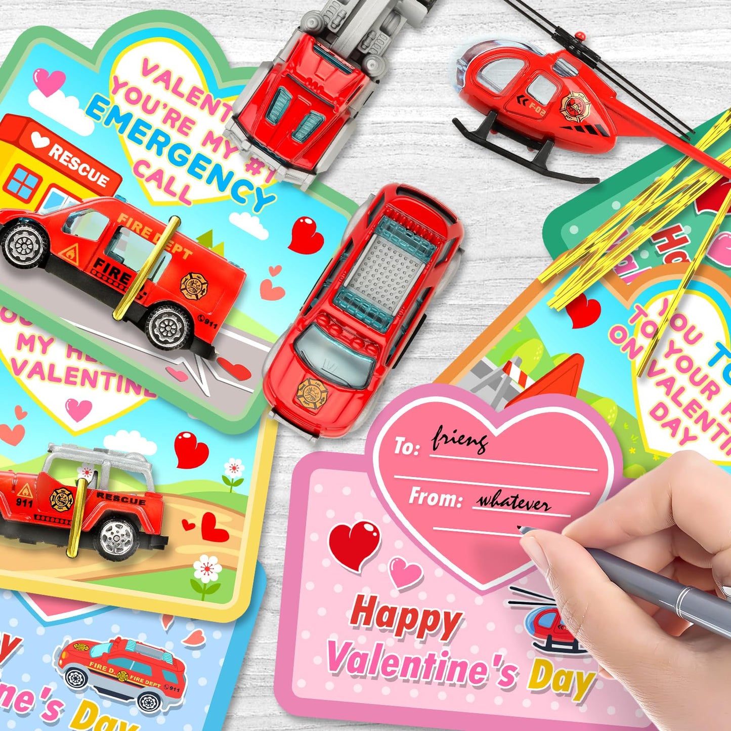 AuroTops Valentines Day Cards for Kids – 24 Die-Cast Fire Rescue Vehicles for Classroom Exchange & Party Favors