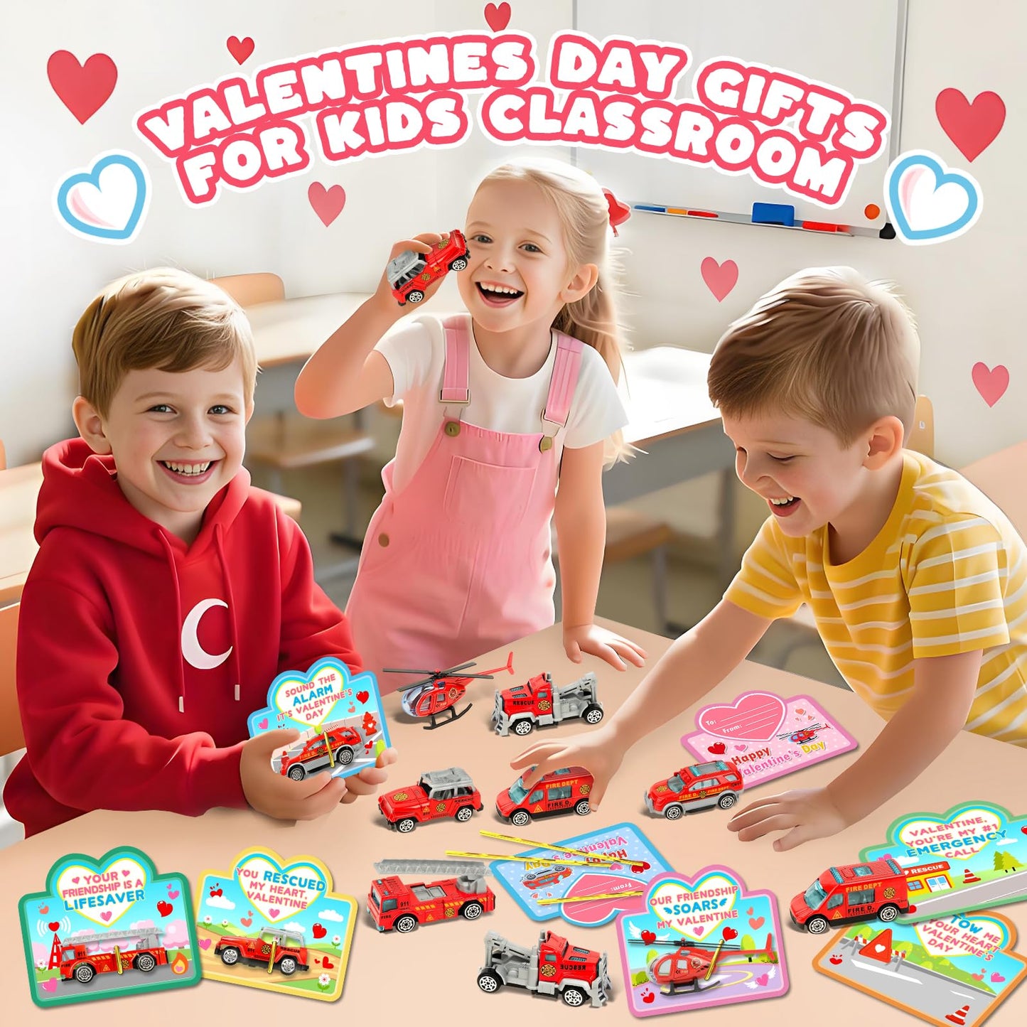AuroTops Valentines Day Cards for Kids – 24 Die-Cast Fire Rescue Vehicles for Classroom Exchange & Party Favors