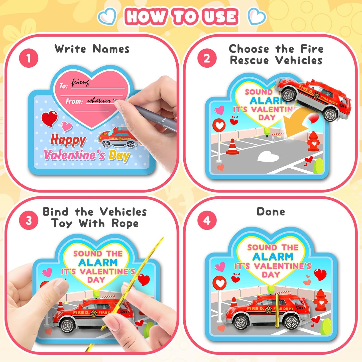 AuroTops Valentines Day Cards for Kids – 24 Die-Cast Fire Rescue Vehicles for Classroom Exchange & Party Favors