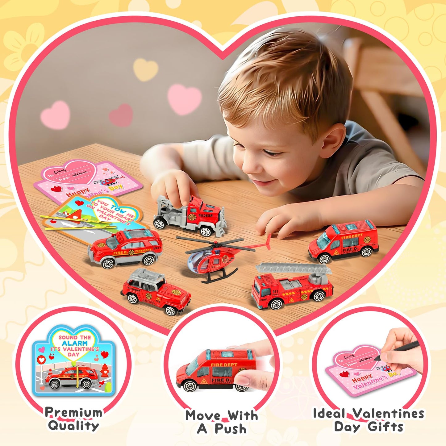 AuroTops Valentines Day Cards for Kids – 24 Die-Cast Fire Rescue Vehicles for Classroom Exchange & Party Favors