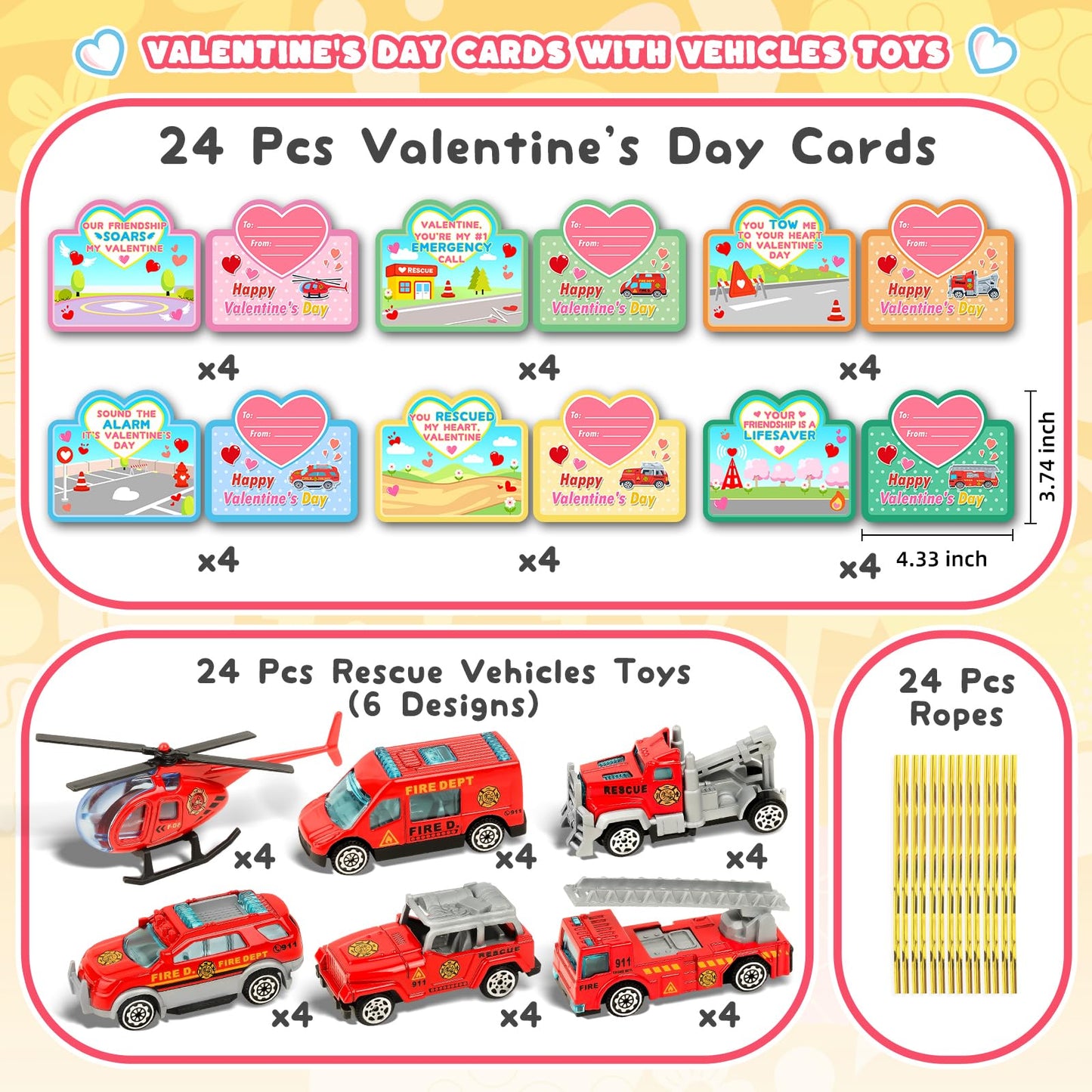 AuroTops Valentines Day Cards for Kids – 24 Die-Cast Fire Rescue Vehicles for Classroom Exchange & Party Favors