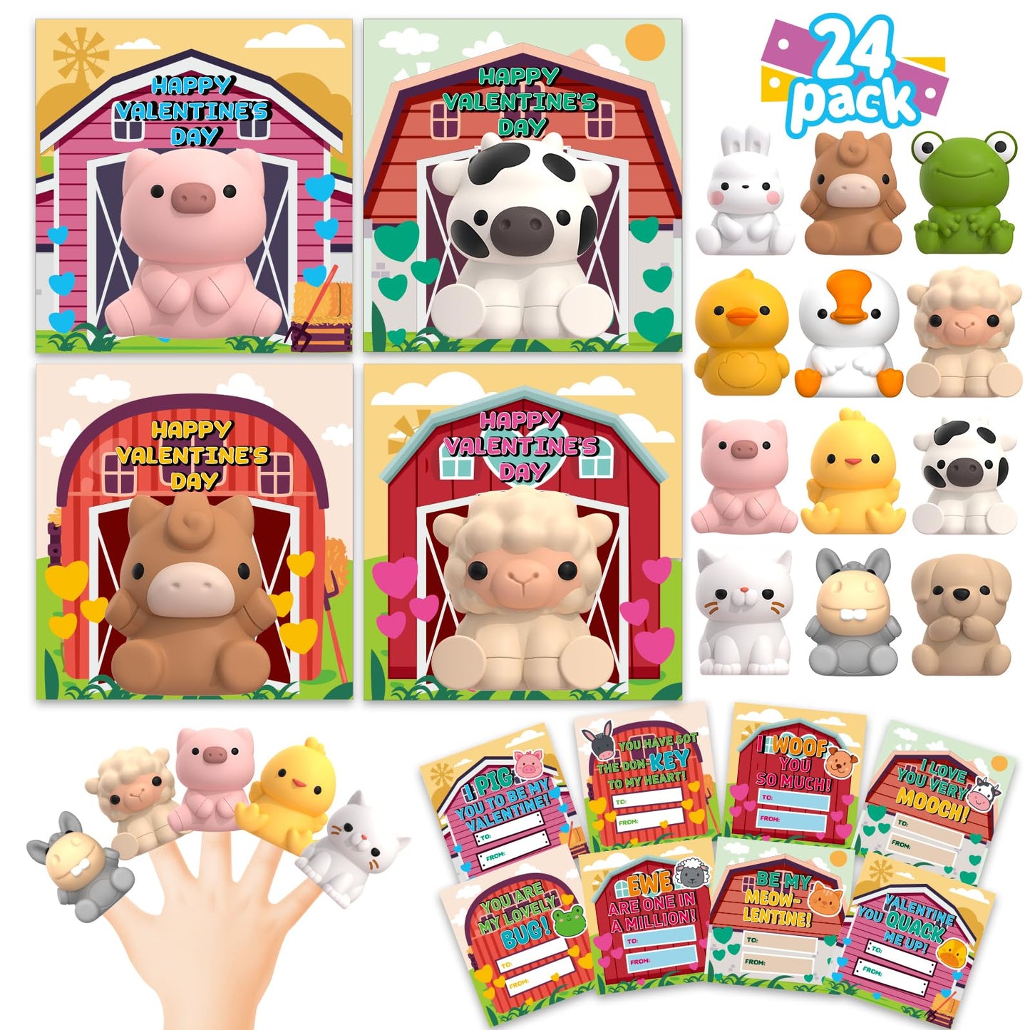 AuroTops 24 Pack Farm Animal Finger Puppets with Cards - Valentines Party Favors for Kids