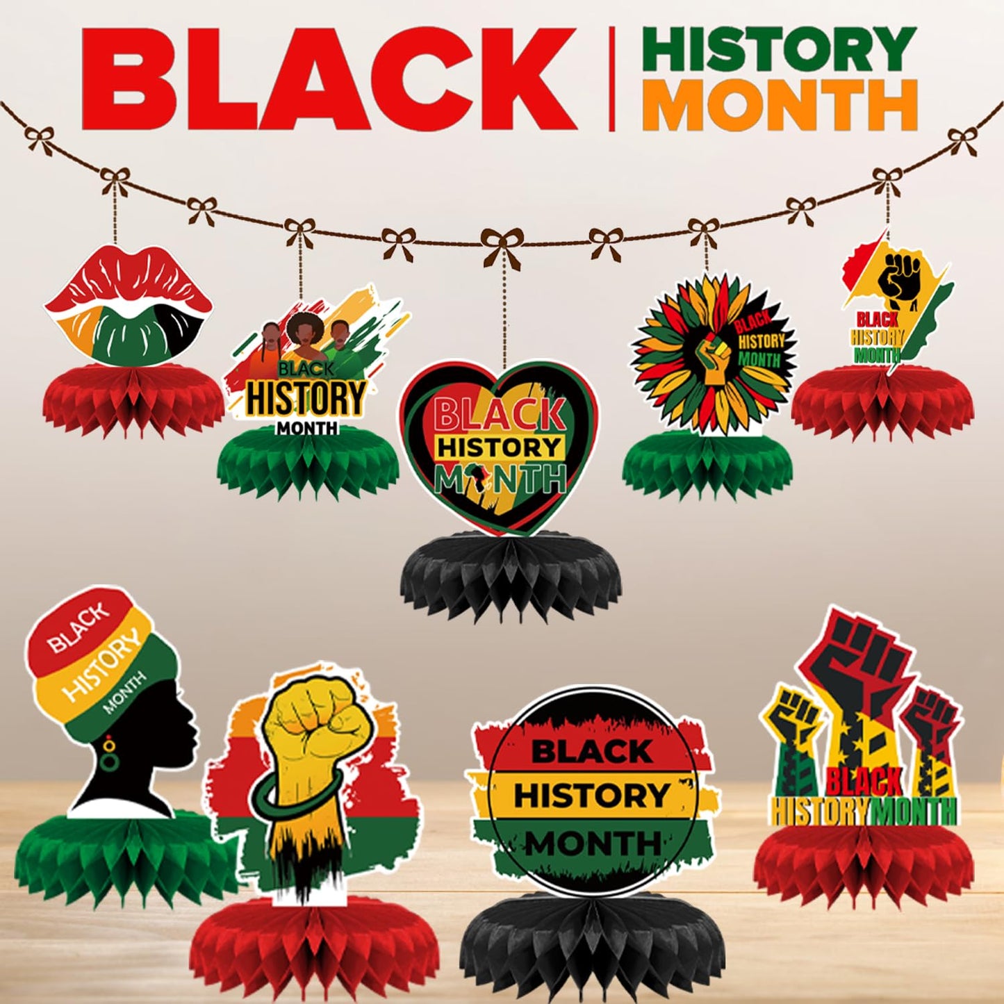 AUSHENKE Black History Month Centerpiece Set – 9 Honeycomb Table Decor (Double-Sided)