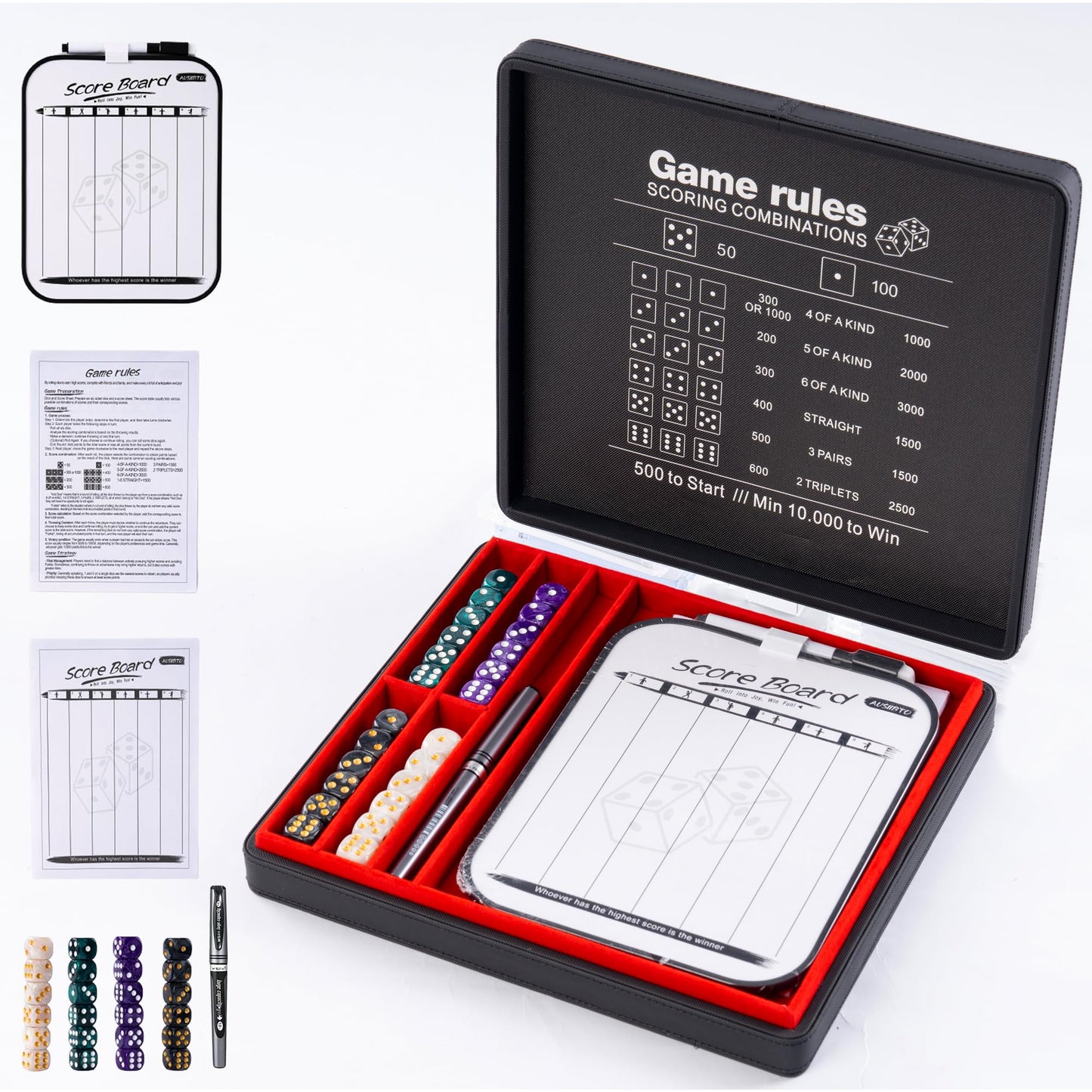 AUSIIBTO Dice Tray for Farkle – Pearl Dice, Score Pad, Magnetic Case