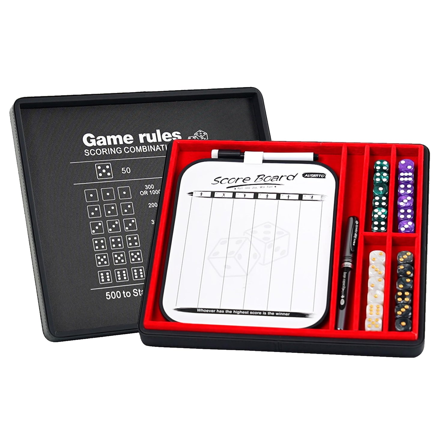 AUSIIBTO Dice Tray for Farkle – Pearl Dice, Score Pad, Magnetic Case