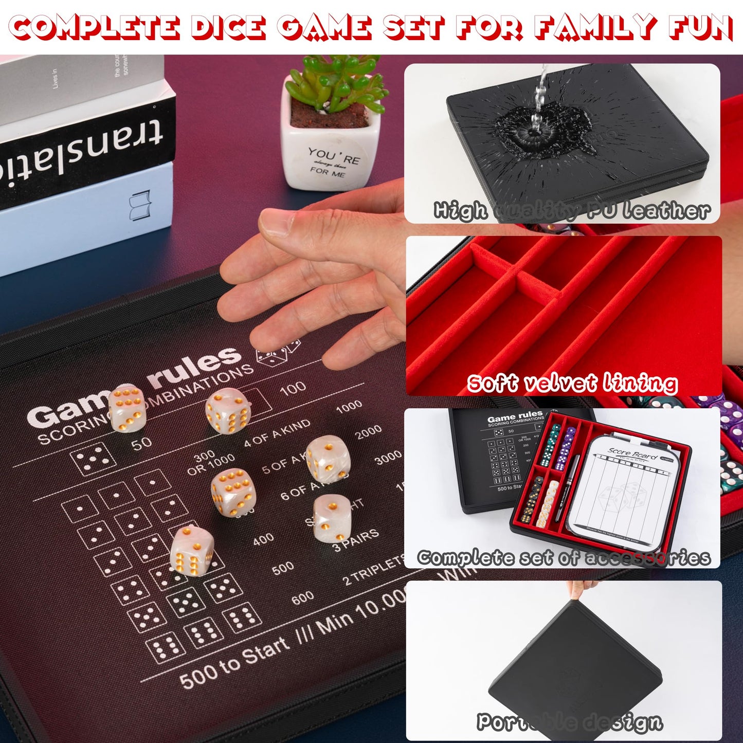 AUSIIBTO Dice Tray for Farkle – Pearl Dice, Score Pad, Magnetic Case