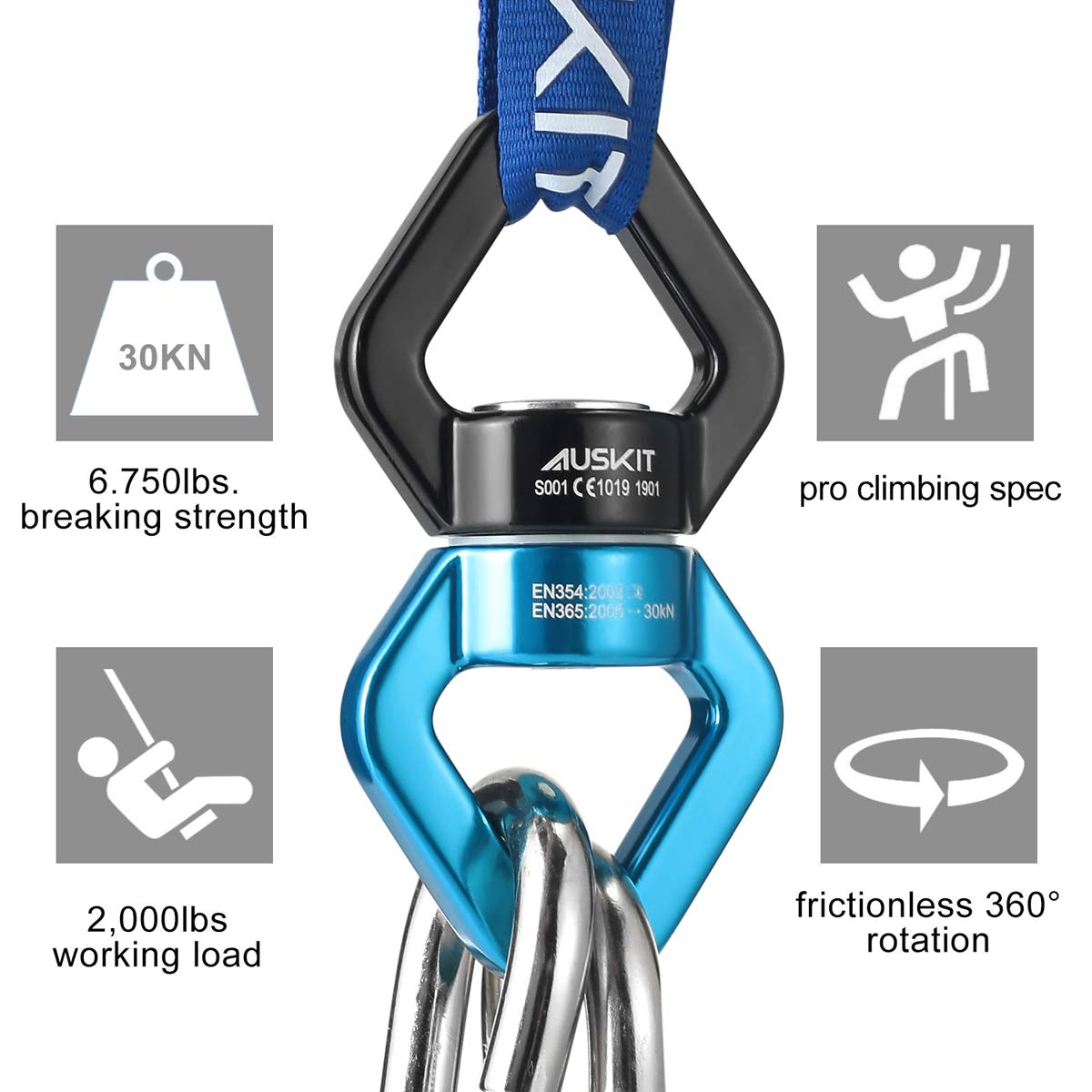 AusKit Black Blue Swing Swivel | 30 KN Safe Rotational Hanging Accessory