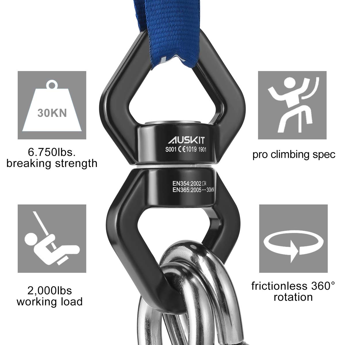 AusKit Black Swing Swivel – 30 KN Safety-Grade 360° Rotational Hanging Accessory