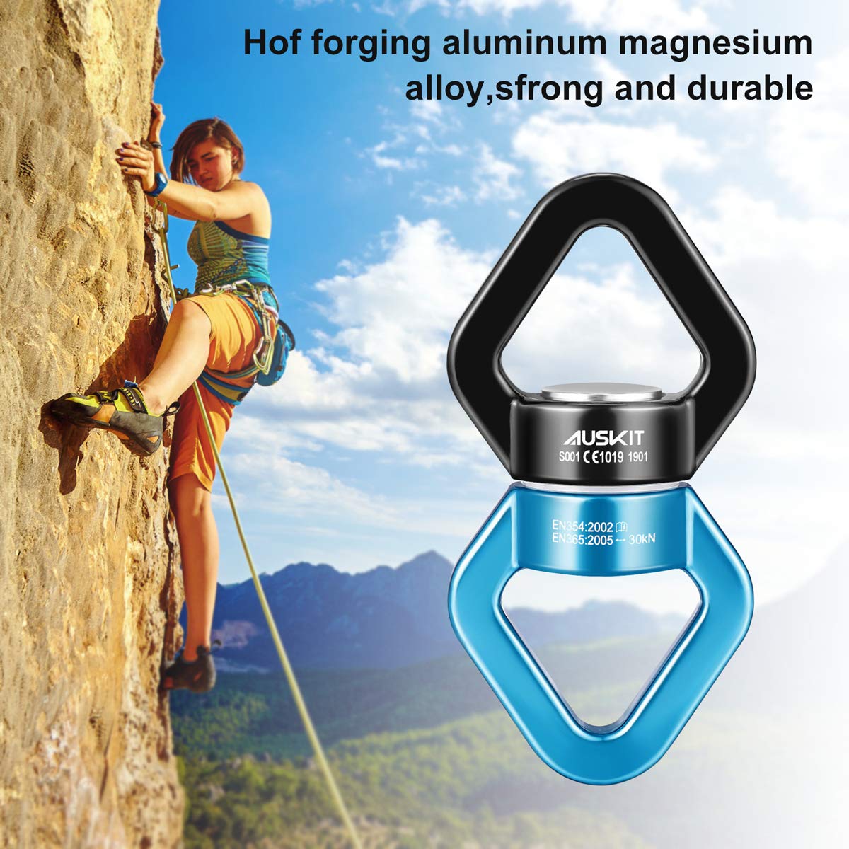 AusKit Black Blue Swing Swivel | 30 KN Safe Rotational Hanging Accessory