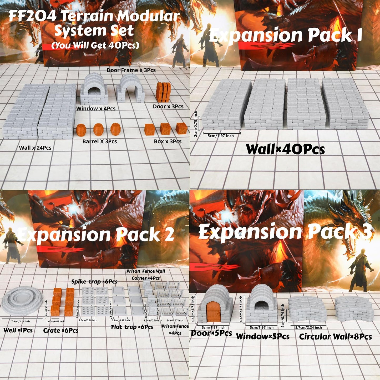 AUSPDICE Dungeon Walls 40pcs – 28mm Modular RPG Terrain, Expansion Pack 3
