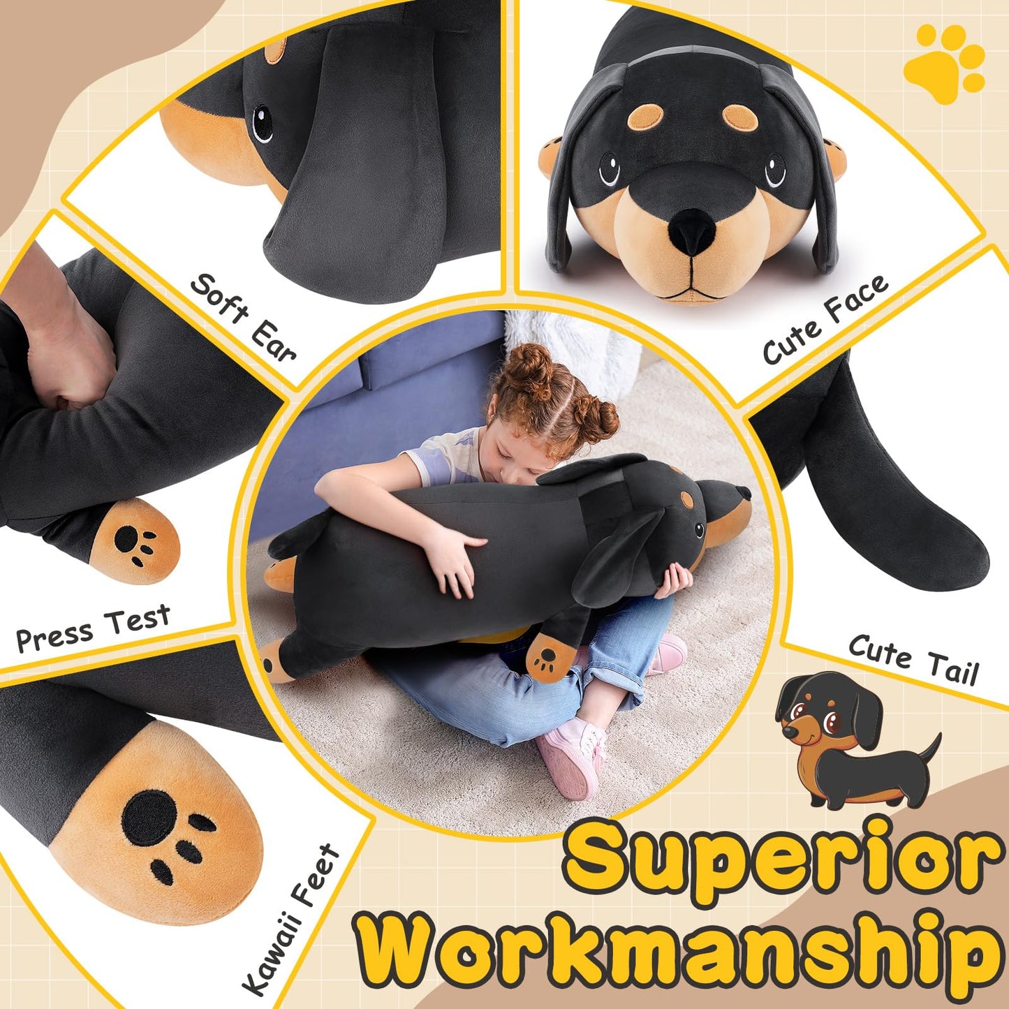 Auspicious Beginning 30-Inch Giant Black Dachshund Plush Toy – Large Hugging Dachshund Pillow