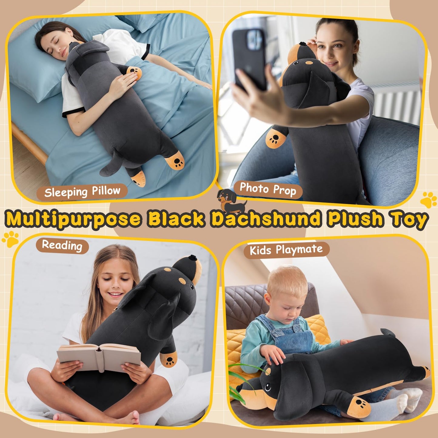 Auspicious Beginning 30-Inch Giant Black Dachshund Plush Toy – Large Hugging Dachshund Pillow