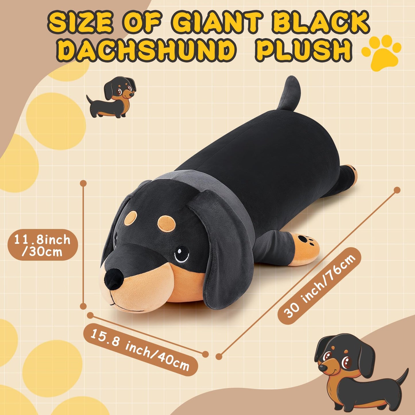 Auspicious Beginning 30-Inch Giant Black Dachshund Plush Toy – Large Hugging Dachshund Pillow
