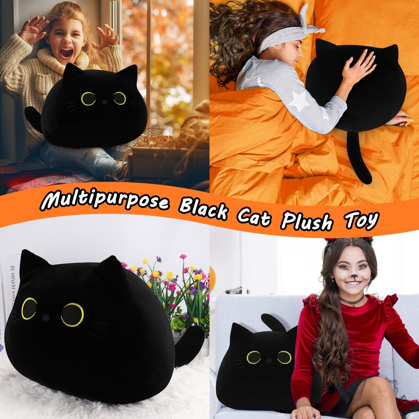 Auspicious Beginning Black Cat Plush Toy – 19inch Giant Plush Pillow, Cozy Cat Plush for Kids & Halloween Decor
