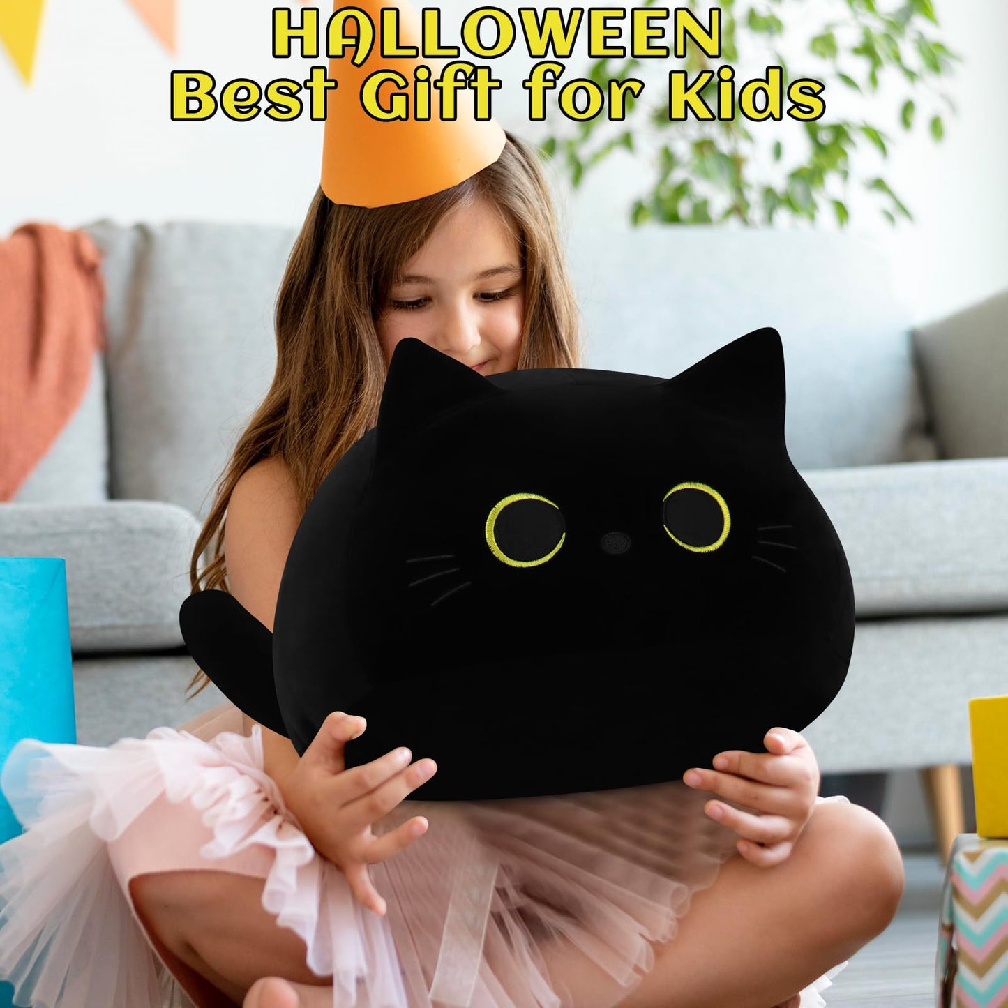 Auspicious Beginning Black Cat Plush Toy – 19inch Giant Plush Pillow, Cozy Cat Plush for Kids & Halloween Decor