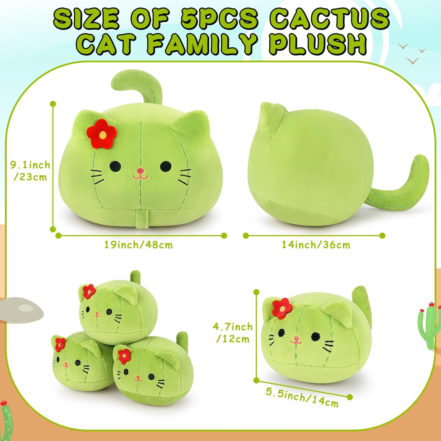 Auspicious Beginning 5-Piece Cactus Cat Plush Family – 19-Inch Mommy + 4 Baby Kittens, Kawaii Plush Toys