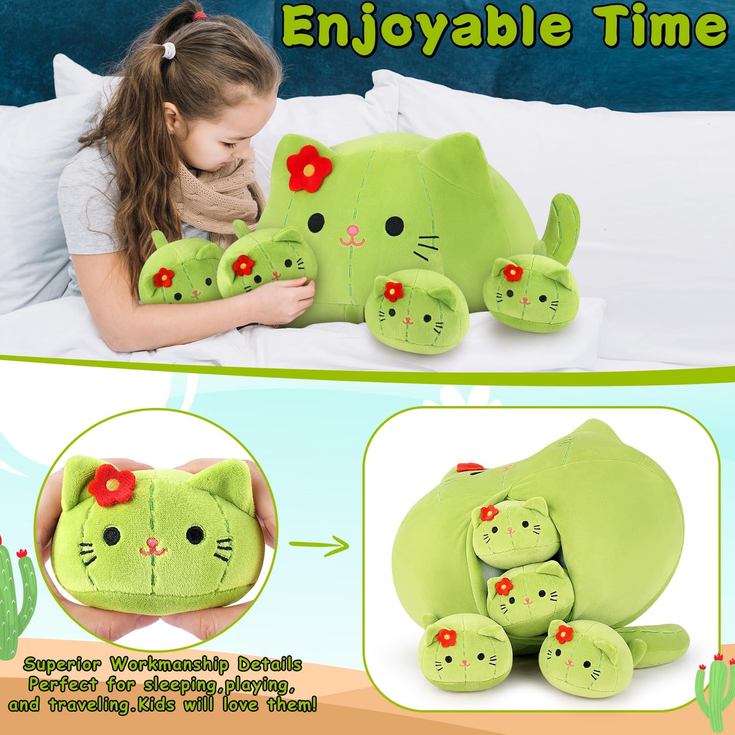 Auspicious Beginning 5-Piece Cactus Cat Plush Family – 19-Inch Mommy + 4 Baby Kittens, Kawaii Plush Toys