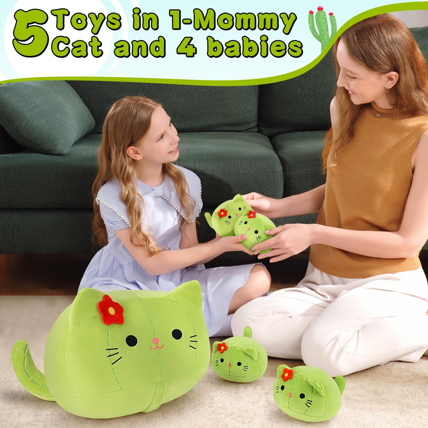 Auspicious Beginning 5-Piece Cactus Cat Plush Family – 19-Inch Mommy + 4 Baby Kittens, Kawaii Plush Toys