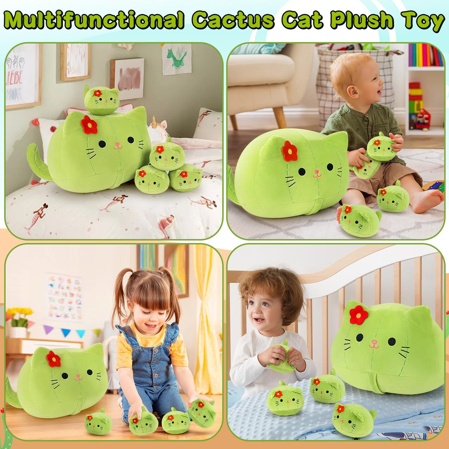 Auspicious Beginning 5-Piece Cactus Cat Plush Family – 19-Inch Mommy + 4 Baby Kittens, Kawaii Plush Toys