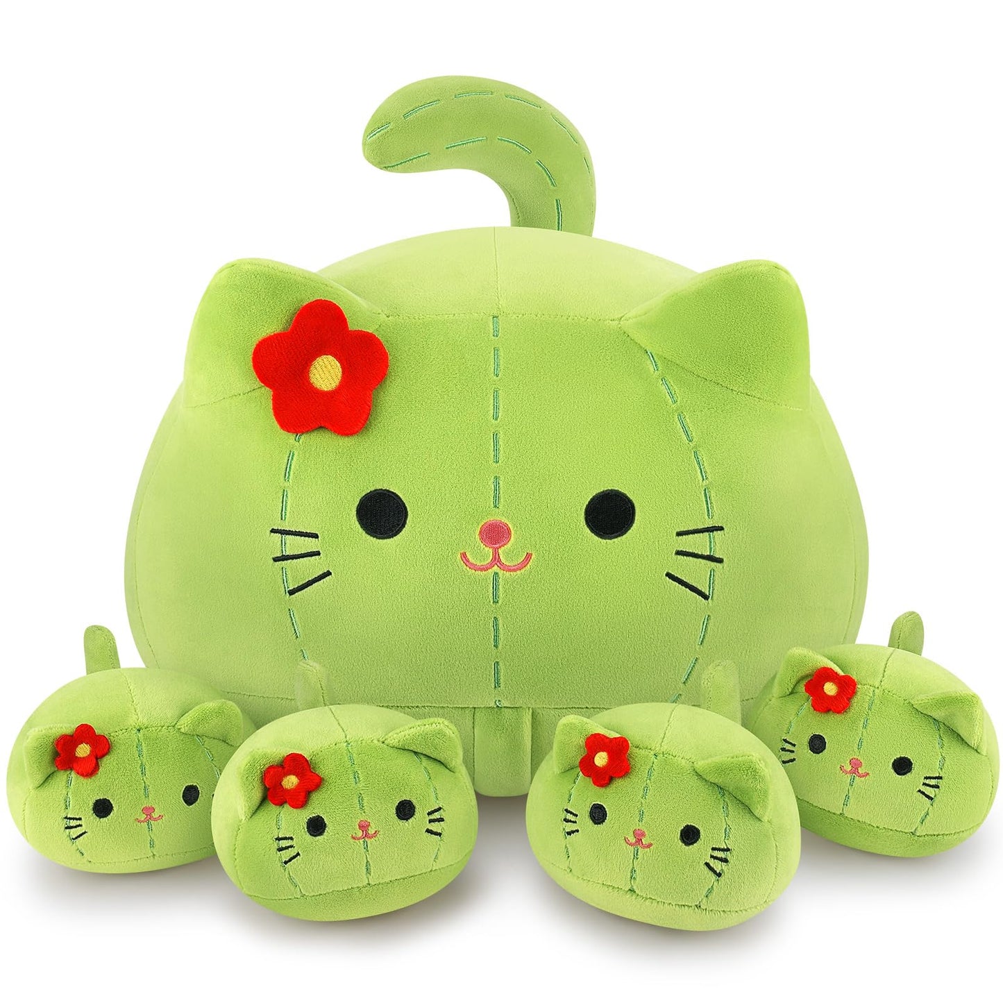 Auspicious Beginning 5-Piece Cactus Cat Plush Family – 19-Inch Mommy + 4 Baby Kittens, Kawaii Plush Toys