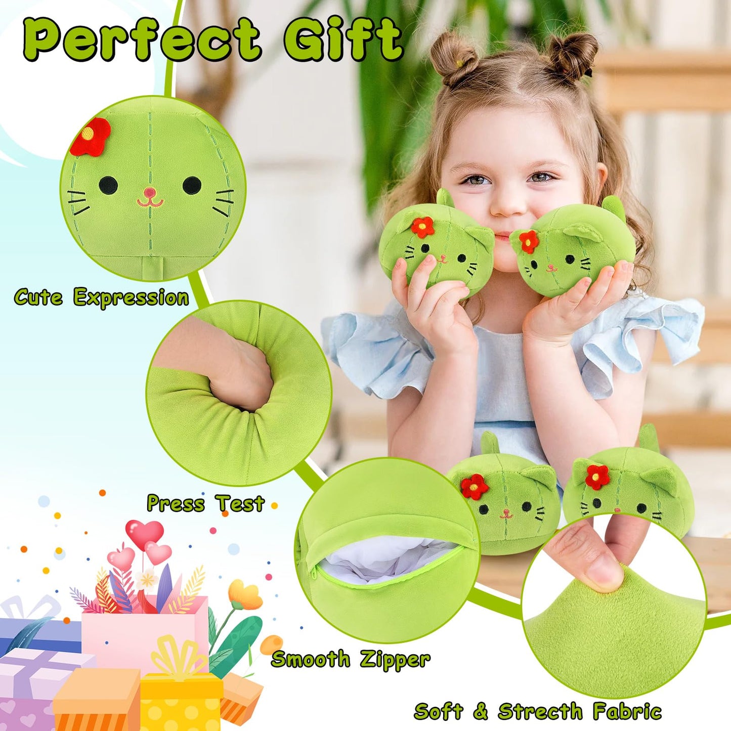Auspicious Beginning 5-Piece Cactus Cat Plush Family – 19-Inch Mommy + 4 Baby Kittens, Kawaii Plush Toys
