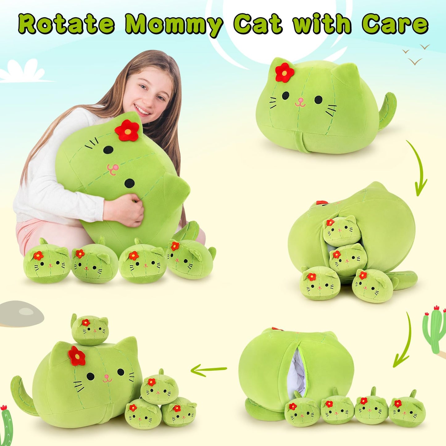 Auspicious Beginning 5-Piece Cactus Cat Plush Family – 19-Inch Mommy + 4 Baby Kittens, Kawaii Plush Toys