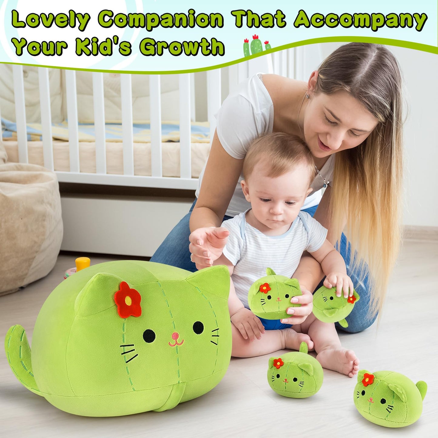 Auspicious Beginning 5-Piece Cactus Cat Plush Family – 19-Inch Mommy + 4 Baby Kittens, Kawaii Plush Toys