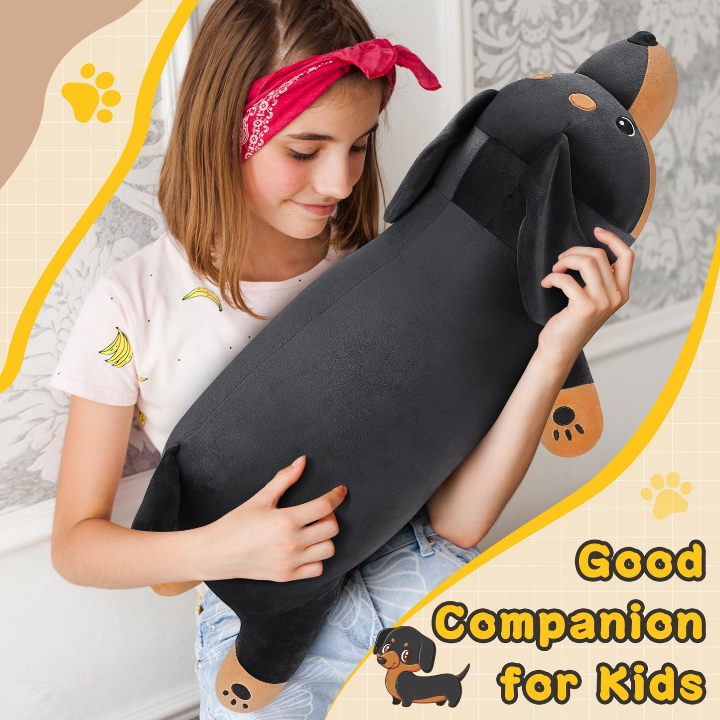Auspicious Beginning 30-Inch Giant Black Dachshund Plush Toy – Large Hugging Dachshund Pillow