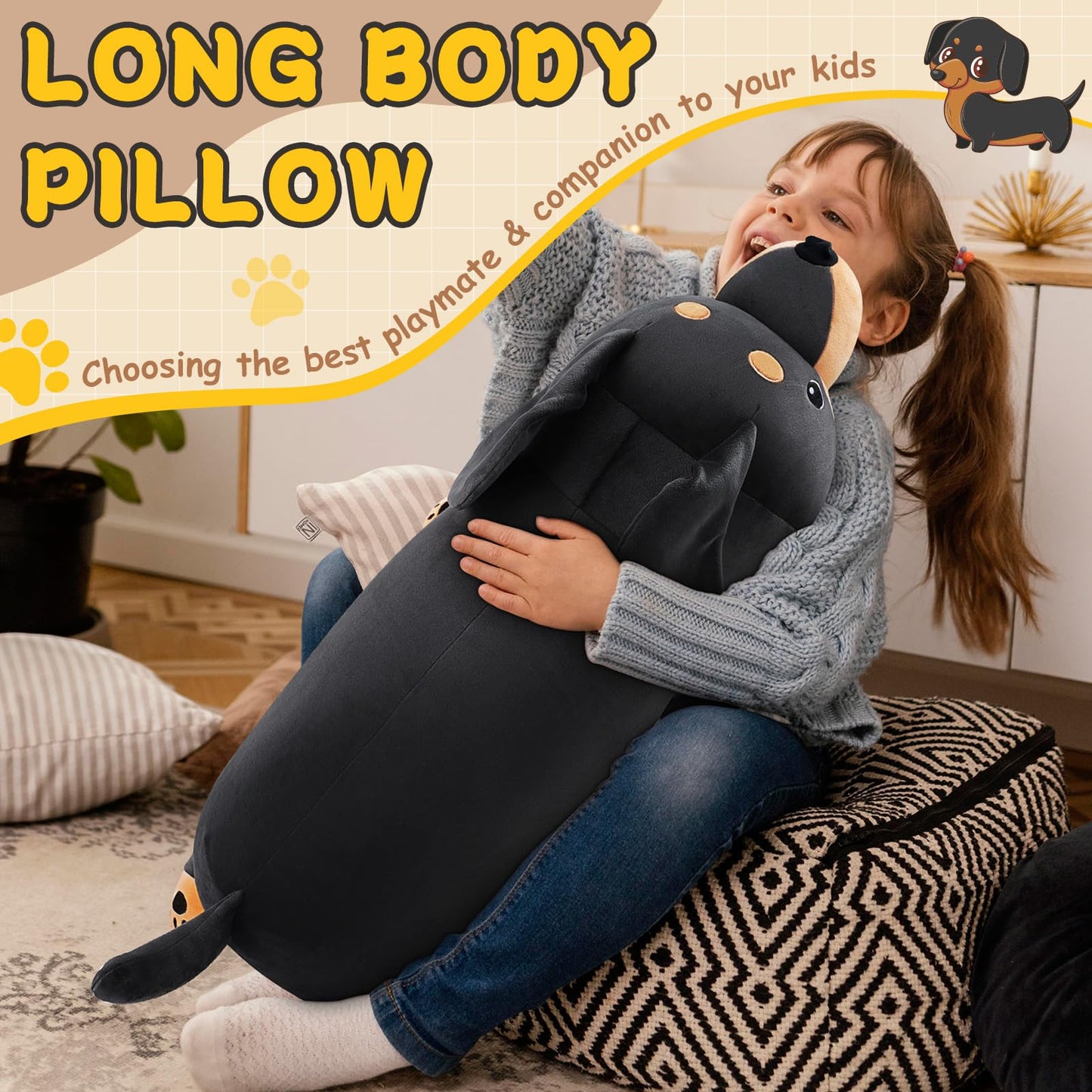 Auspicious Beginning 30-Inch Giant Black Dachshund Plush Toy – Large Hugging Dachshund Pillow