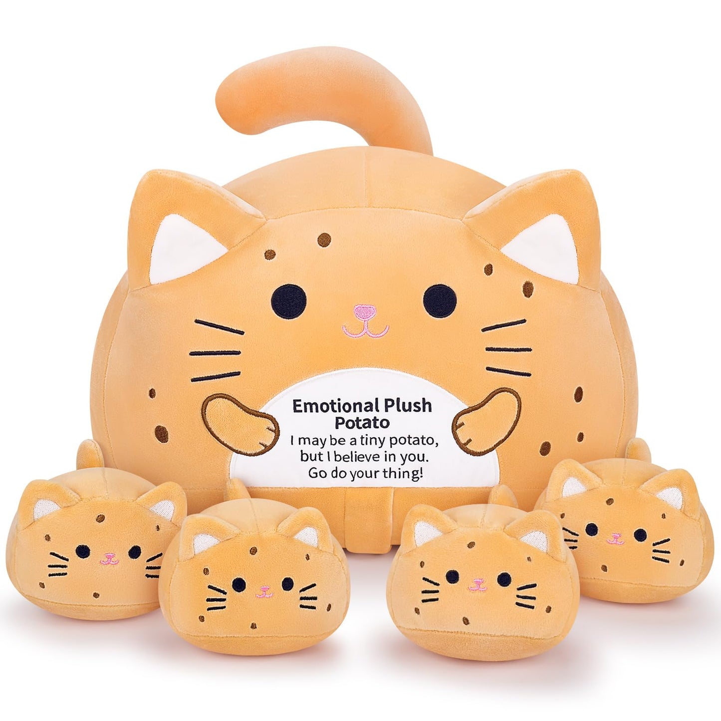 Auspicious Beginning 5-Pcs Emotional Potato Cat Family Plush – 19-Inch Mommy with 4 Kittens