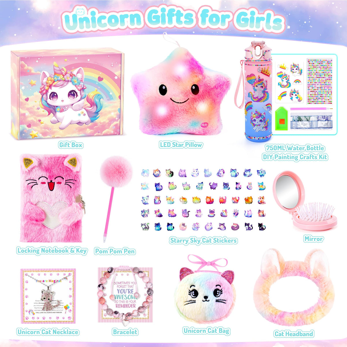 13-Piece Unicorn Cat Toys Gift Set for Girls 4-10 | Light-Up Star Pillow & DIY Water Bottle Kit | Auspicious Beginning