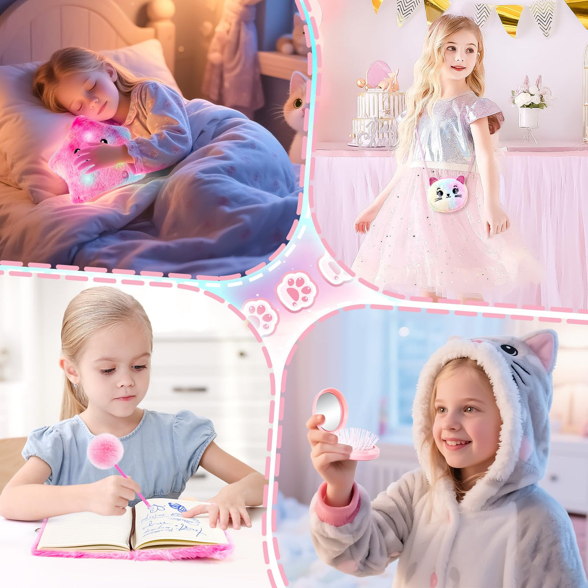 13-Piece Unicorn Cat Toys Gift Set for Girls 4-10 | Light-Up Star Pillow & DIY Water Bottle Kit | Auspicious Beginning