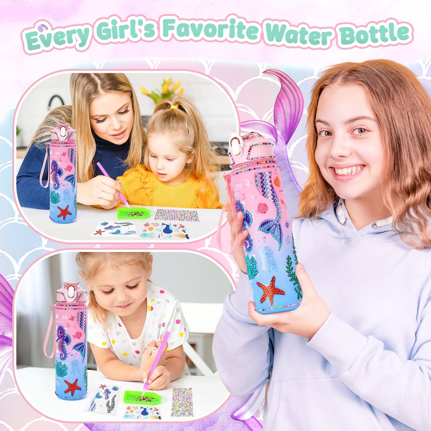 Auspicious Beginning 13-Piece Mermaid Toys Gift Set for Girls 4-12 — Light-Up Star Pillow & DIY Water Bottle Kit